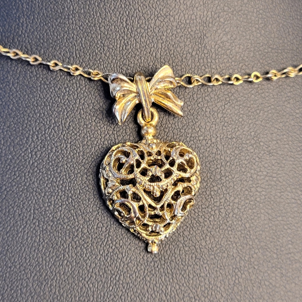 1928 Filigree Heart & Ribbon Pendant  Gold-tone Chain Vintage Styled Necklace